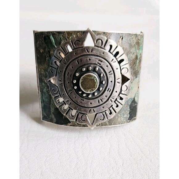 Los Ballesteros Taxco Mexico Sterling Silver Sundial Bracelet 112g 7" - Picture 1 of 9
